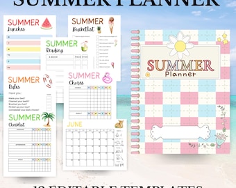 Paquete de planificador de VERANO 2025 imprimible, calendario de verano editable, lista de verificación de verano, cuadro de tareas de verano para niños, lista de deseos y reglas del planificador de verano