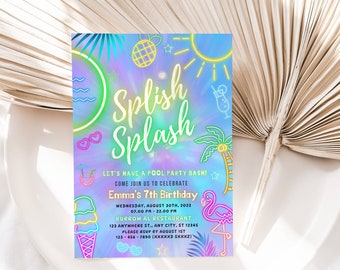 EDITABLE Splish Splash Pool Party Birthday Invitation, Glowing Tie Dye Summer Swimming Pool Birthday Party, Neon Glow Instant Download DIY