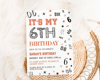 Invitación de cumpleaños editable para niño, invitación con número para niño, invitación para sexto cumpleaños, invitación para sexto cumpleaños para niño, invitación para sexto cumpleaños, descarga digital DIY