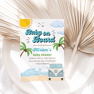 EDITABLE Baby on Board Invitation, Surf Beach Baby Shower Vintage Van Invitation Template, Summer Baby Shower, Printable Invite Shower DIY