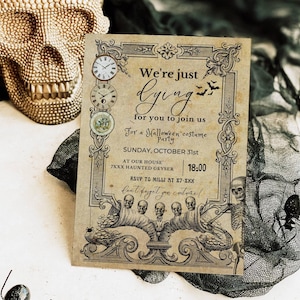EDITABLE Vintage Invitación a fiesta de cumpleaños de Halloween Invitación de esqueleto antiguo Plantilla de invitación de cumpleaños de Halloween para adultos góticos Telaraña DIY