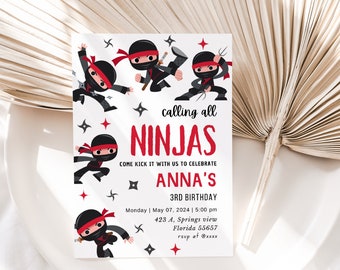 EDITABLE Ninja Birthday Invitation, Ninja Warrior Party Invitation Template, Karate Boys Birthday Invite, Lets Kick, Instant Download, DIY