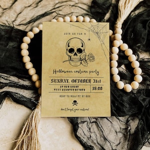 EDITABLE Vintage Invitación a fiesta de cumpleaños de Halloween Invitación de esqueleto antiguo Plantilla de invitación de cumpleaños de Halloween para adultos góticos Telaraña DIY