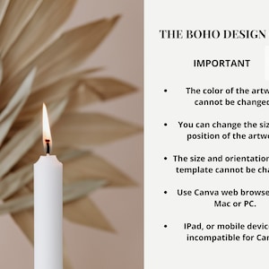 May include: A white candle with a lit flame is in front of a beige dried palm leaf. The text "THE BOHO DESIGN CO." and "IMPORTANT" is in black text on a white background. The text below the heading "IMPORTANT" includes instructions for using Canva.