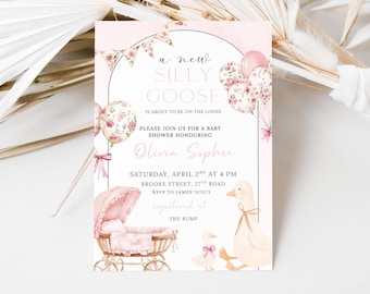 BEWERKBARE Silly Goose babyshower uitnodiging, meisje roze babyshower uitnodigen, Mother Goose babyshower uitnodigen, roze toile babymeisje douche DIY