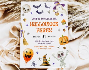 May include: A Halloween party invitation with orange text and illustrations of a skull, bats, a ghost, a pumpkin, and a skeleton. The invitation includes the text "Join us to celebrate Halloween Party" and the date.