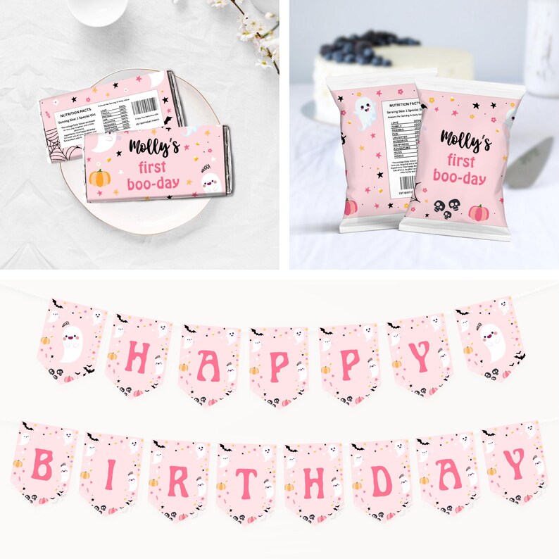 May include: Pink and black Halloween birthday party decorations with a ghost and pumpkin theme. The decorations include a banner that says "Happy Birthday", a chocolate bar wrapper that says "Molly's first boo-day", and a snack bag that says "Molly's first boo-day".