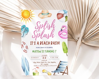 EDITABLE Tropical Splish Splash Pool Invite Birthday Party Invitation Girl Splash Pad Water Slide Paddling Summer Party Instant Download DIY