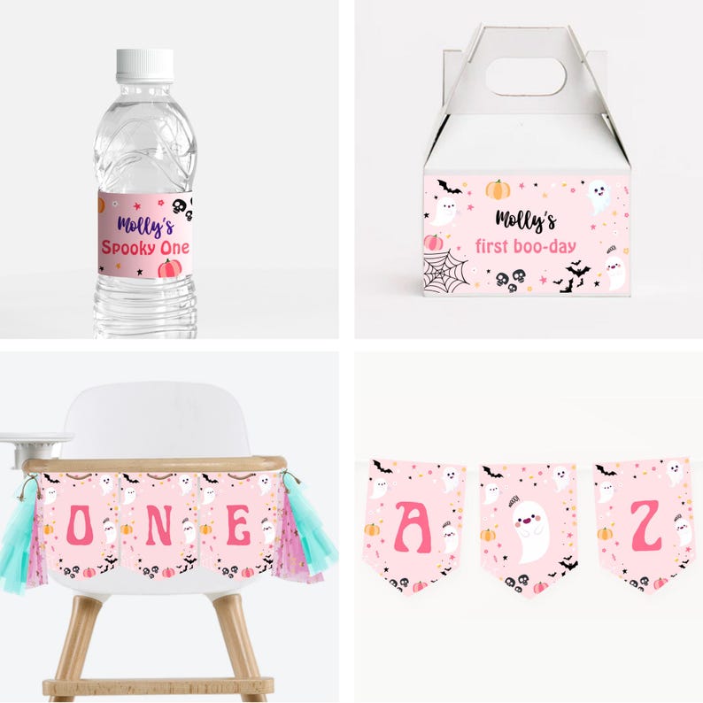May include: Pink and black Halloween party decorations with a ghost, pumpkin, and bat theme. The decorations include a water bottle label, a favor box, a high chair banner, and a banner with the letters "ONE".