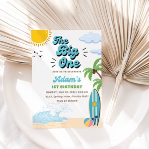 EDITABLE Boy The Big One Surfing 1st Birthday Party Invitation, Vintage Retro Boy Surf Surfboard Beach Party Invite Instant Download DIY