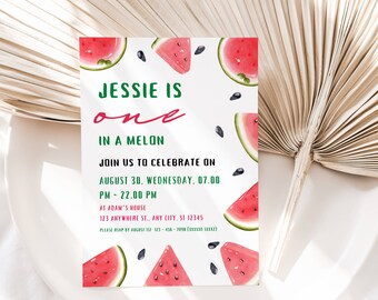 EDITABLE Watermelon First Birthday Invitation, Editable Girl Melon 1St Birthday Invitation, Printable Summer Watermelon Instant Download DIY