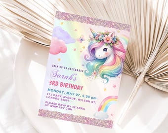 EDITABLE Unicorn Birthday Invitation Pastel Rainbow Party Invite Sparkle Invitation Printable  Template Girl Invitation Instant Download DIY