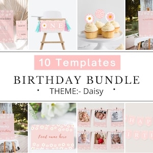 Retro Daisy Birthday Party Invitation Bundle, 10 Piece Daisy Birthday Invitation Editable Daisy Birthday Invite, Floral Instant Download DIY