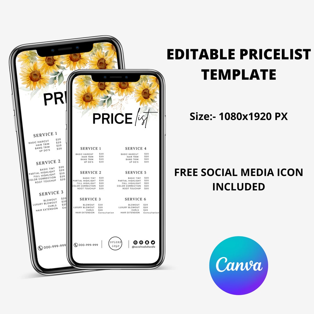 Digital Price List Template Editable Price List Template Etsy