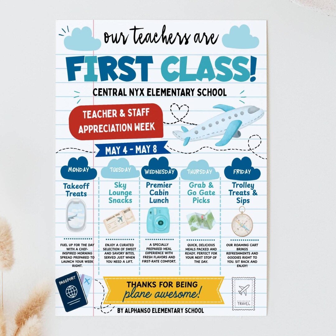 Travel Theme Teacher Appreciation Week Itinerary Flyer, Plane Awesome ...