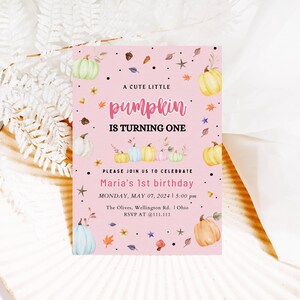 EDITABLE Pink Pumpkin First Birthday Invitation, Our little Pumpkin is Turning One, Girl Fall First Birthday Party, Instant Download DIY