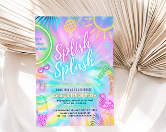 EDITABLE Splish Splash Pool Party Birthday Invitation, Glowing Tie Dye Summer Swimming Pool Birthday Party, Neon Glow Instant Download DIY