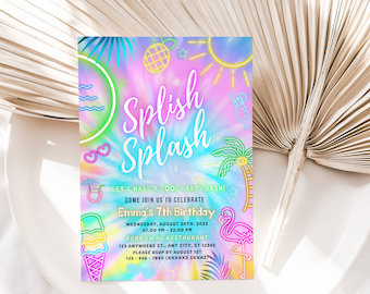 EDITABLE Splish Splash Pool Party Birthday Invitation, Glowing Tie Dye Summer Swimming Pool Birthday Party, Neon Glow Instant Download DIY