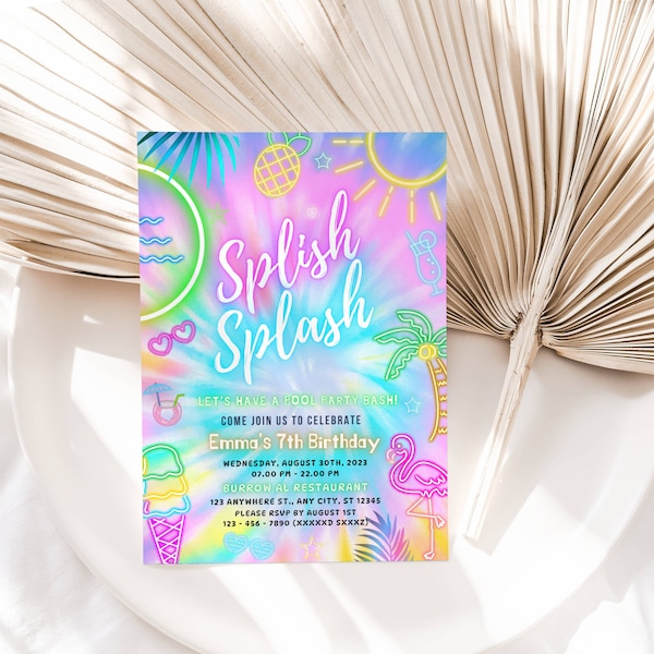 EDITABLE Splish Splash Pool Party Birthday Invitation, Glowing Tie Dye Summer Swimming Pool Birthday Party, Neon Glow Instant Download DIY