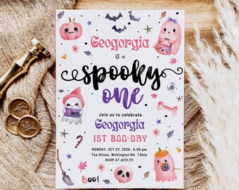 Spooky One Ghost Birthday Invitation, Pink Halloween, DIY (Digital Download)