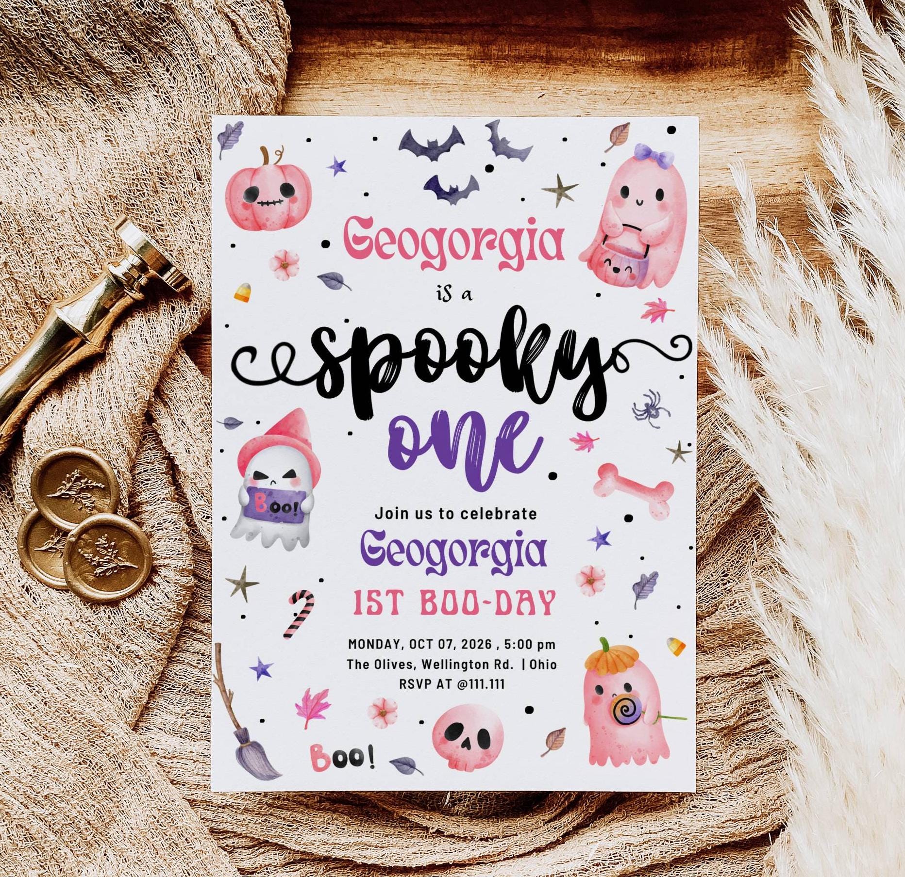 EDITABLE Spooky One Halloween Ghost 1st Birthday Party Invitation Cute Pink Ghost Birthday Spooktacular 1st Birthday Instant