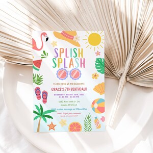 EDITABLE Pool Party Invitation Tropical Splish Splash Girly Pool Party Invitation Summer Swimming Pool Splash Pad Party Instant Download DIY