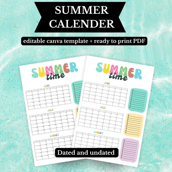 Printable Huge 2024 Summer Calendar, Large Summer Planner Poster, Bucket List Checkoff for Each Month, Sizes 24x36 EDITABLE Instant Download