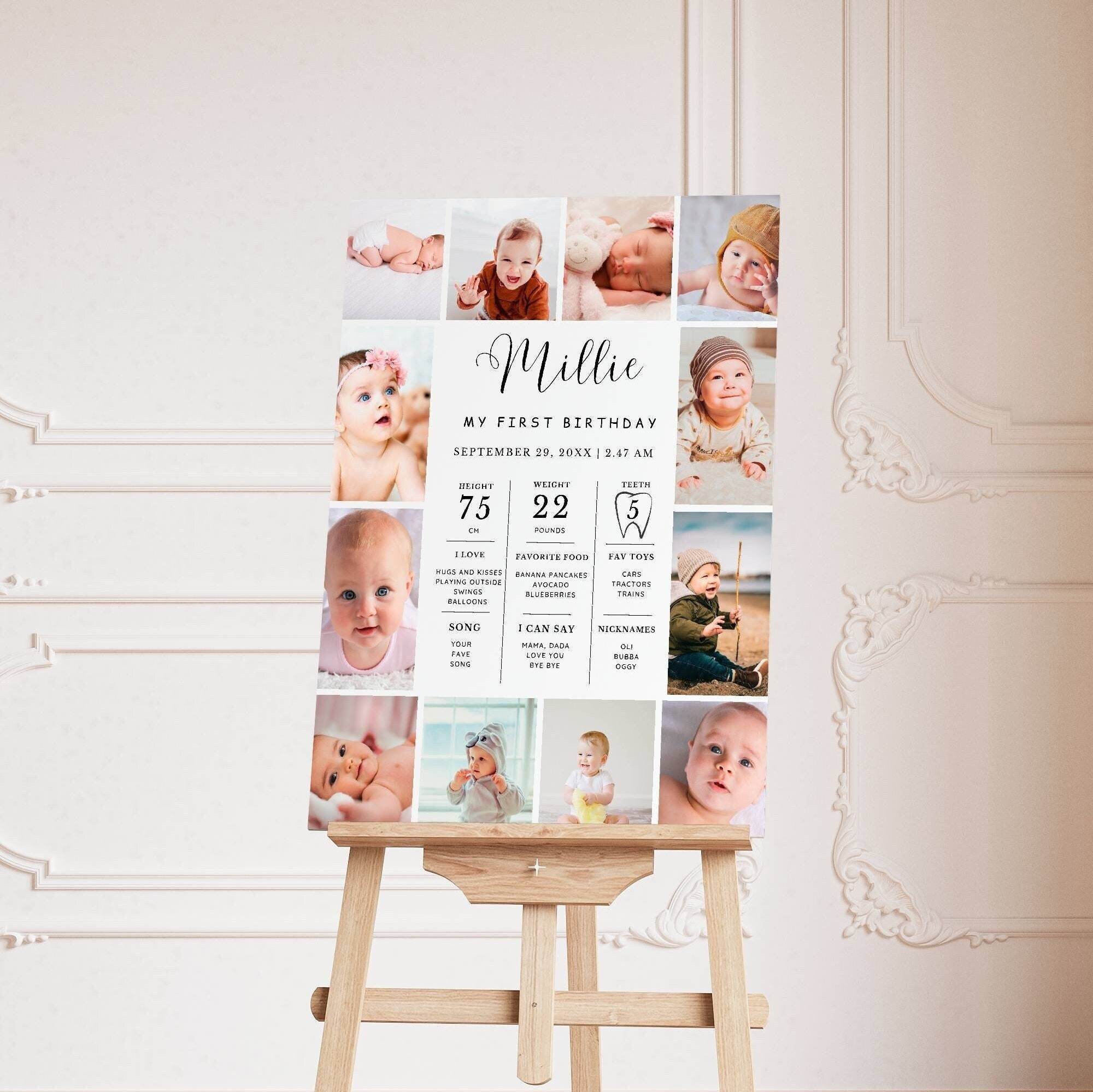 EDITABLE First Birthday Milestone Sign, Modern 1st Birthday Milestone Poster, One Year Photos Baby Milestone Board, DIY Printable Template