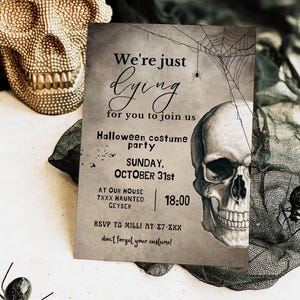 EDITABLE Vintage Invitación a fiesta de cumpleaños de Halloween Invitación de esqueleto antiguo Plantilla de invitación de cumpleaños de Halloween para adultos góticos Telaraña DIY