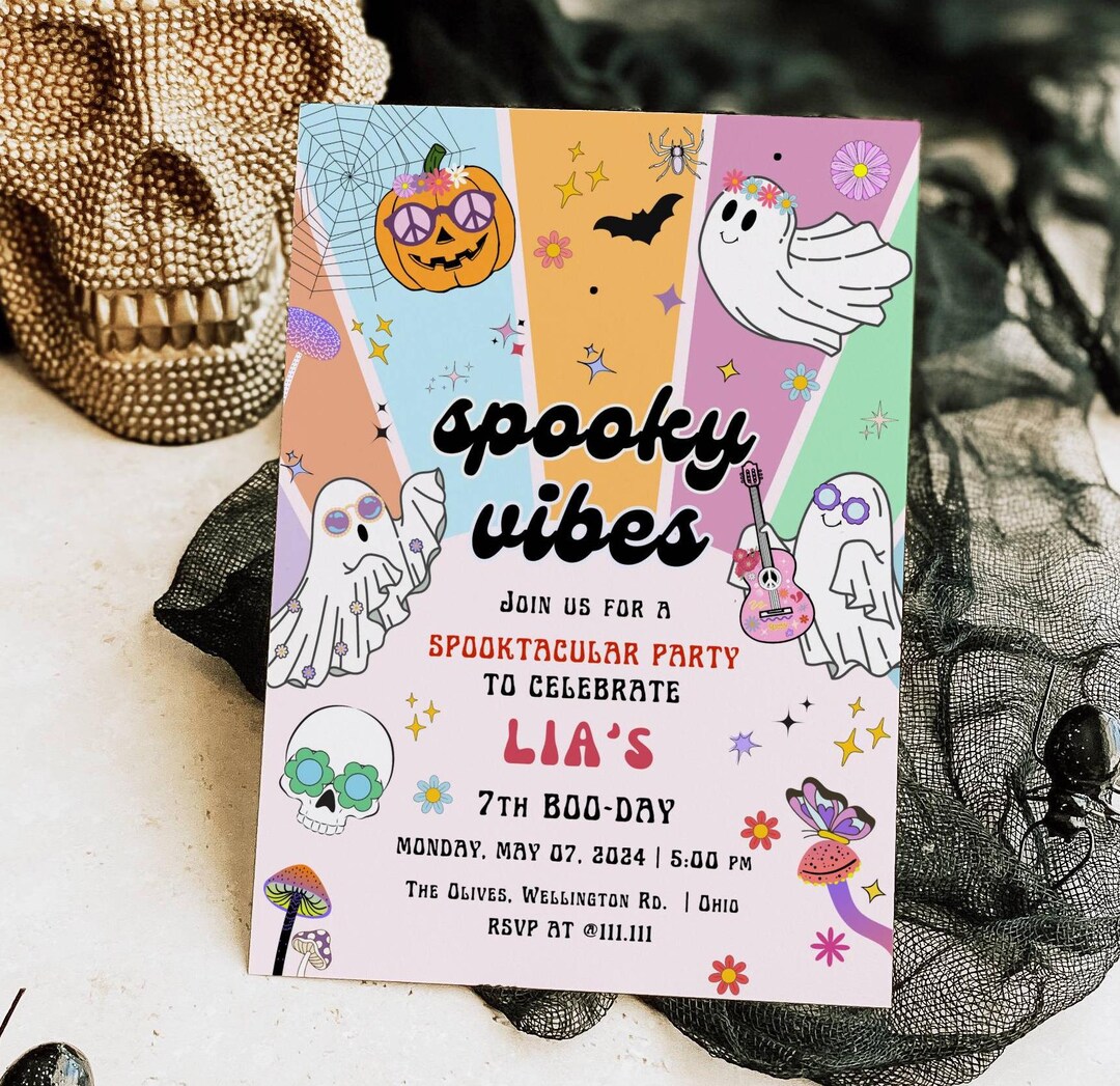 EDITABLE Halloween Spooky Vibes Ghost Birthday Party Invitation Retro ...