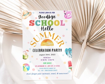 EDITABLE End of School Party Invitation, Hello Summer, Goodbye School’s Out, Sun, Bounce, Water Slide Printable Invite Instant Download DIY