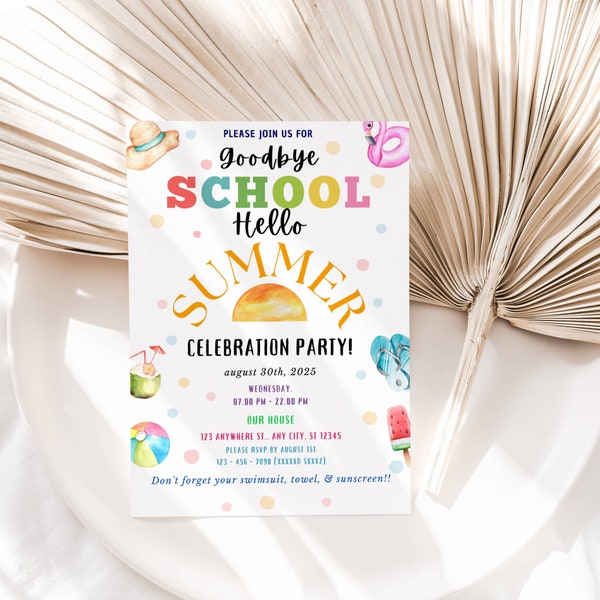 EDITABLE End of School Party Invitation, Hello Summer, Goodbye School’s Out, Sun, Bounce, Water Slide Printable Invite Instant Download DIY