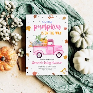 EDITABLE Pumpkin Baby Shower Invitation, Floral Pink & Cute Girl Little Pumpkin Shower Invites, Fall Autumn, Instant Download Template DIY