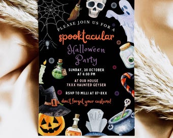 May include: Black Halloween party invitation with watercolor illustrations of a spiderweb, skull, ghost, potion bottles, and a jack-o'-lantern. Text reads "Please join us for a spooktacular Halloween Party" with event details.