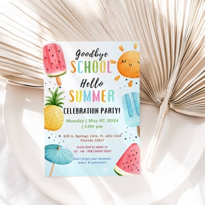 EDITIERBARE Einladung zum Schulabschluss, Hello Summer, Goodbye School’s Out, Sun, Bounce, Wasserrutsche, druckbare Einladung, sofortiger Download, DIY