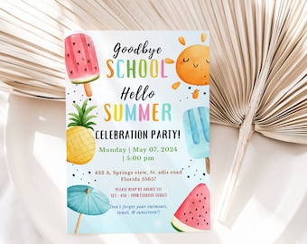 EDITABLE End of School Party Invitation, Hello Summer, Goodbye School’s Out, Sun, Bounce, Water Slide Printable Invite Instant Download DIY