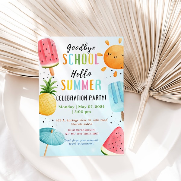 EDITABLE End of School Party Invitation, Hello Summer, Goodbye School’s Out, Sun, Bounce, Water Slide Printable Invite Instant Download DIY