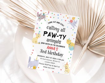 EDITABLE Cat Birthday Invitation Girl 1st Birthday Party Invite, Pink Kitty Cat Party Animals Invitation, Let's Pawty Instant Download DIY
