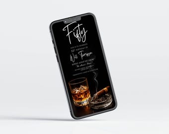 May include: A smartphone displays a black invitation for a 50th birthday celebration. The invitation features white script text that reads "Fifty" and details for Will Thompson's party, including a glass of whiskey with ice and a lit cigar in an ashtray.