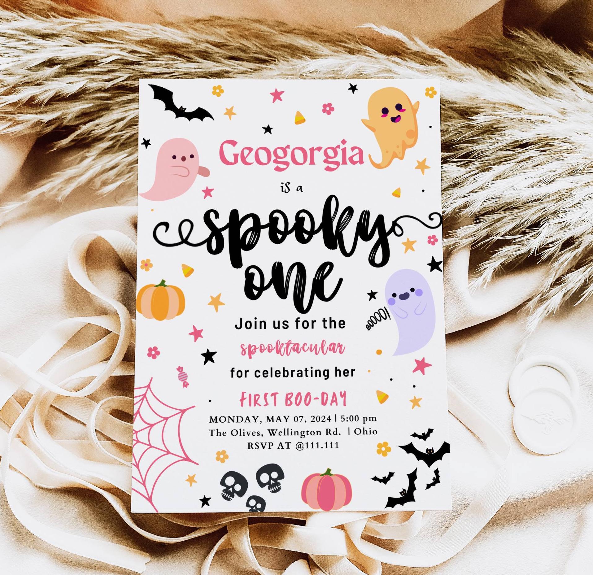EDITABLE Spooky One Halloween Ghost 1st Birthday Party Invitation Cute Pink Ghost Birthday Spooktacular 1st Birthday Instant