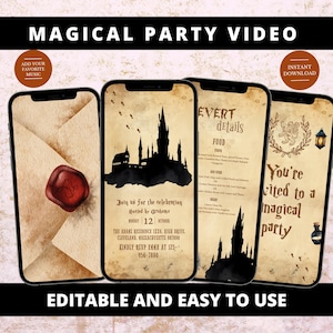 Pode incluir: Quatro smartphones exibindo um convite para uma festa mágica. As telas mostram um selo de cera, uma silhueta de castelo, detalhes do evento e um convite. O texto inclui "Magical Party Video" e "Editable and Easy to Use."