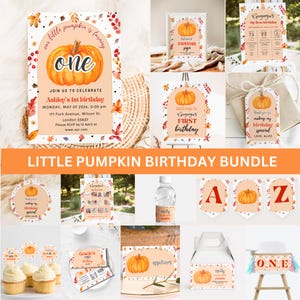 編集可能な小さなパンプキン秋の誕生日招待状セット、パンプキン誕生日招待状セット、花柄パンプキン1歳の誕生日バンドル印刷可能DIY