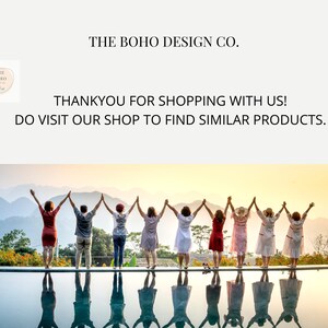 May include: A group of people stand in a line, arms linked, facing away from the camera. They are standing on a patio overlooking a pool with mountains in the background. The sky is a vibrant orange and yellow. The text "THE BOHO DESIGN CO." and "THANKYOU FOR SHOPPING WITH US! DO VISIT OUR SHOP TO FIND SIMILAR PRODUCTS." is displayed above the image.