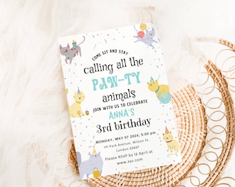 EDITABLE Cat Birthday Invitation Girl 1st Birthday Party Invite, Pink Kitty Cat Party Animals Invitation, Let's Pawty Instant Download DIY