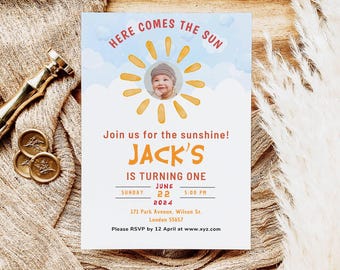 EDITABLE First Trip Around the Sun Birthday Invitation, Sunshine 1st Birthday Invite, Boho Sun Birthday Neutral, Printable Template DIY