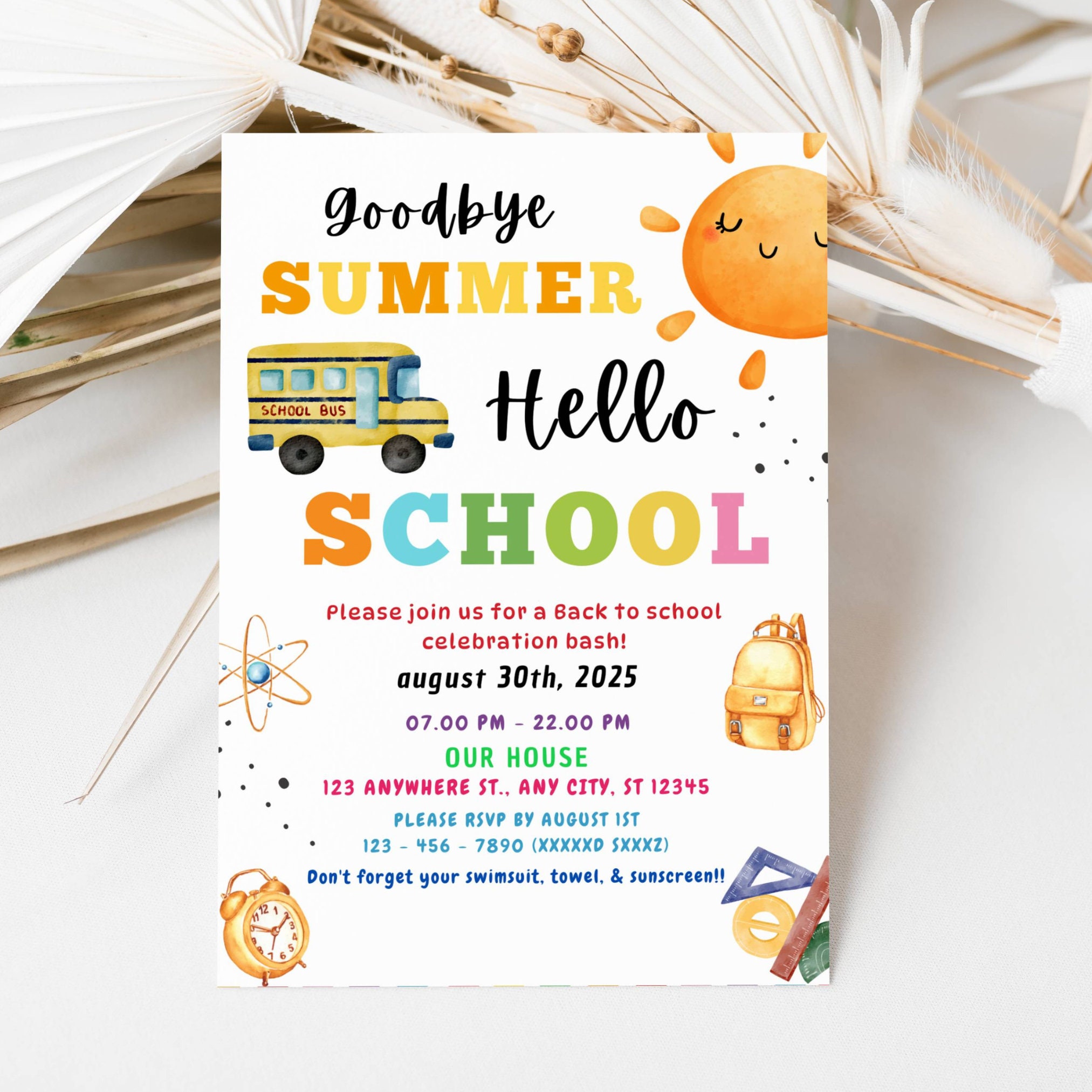 EDITABLE Back of School Party Invitation Hello School So Long Summer Bash, End of Summer Party Goodbye Summer Printable Invite Instant DIY