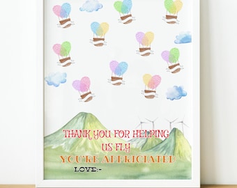 Afdrukbaar cadeau leraar waardering, eindejaar doe-het-zelf leraar cadeau, vingerafdruk kunst heteluchtballon gepersonaliseerd aandenken cadeau voor leraar
