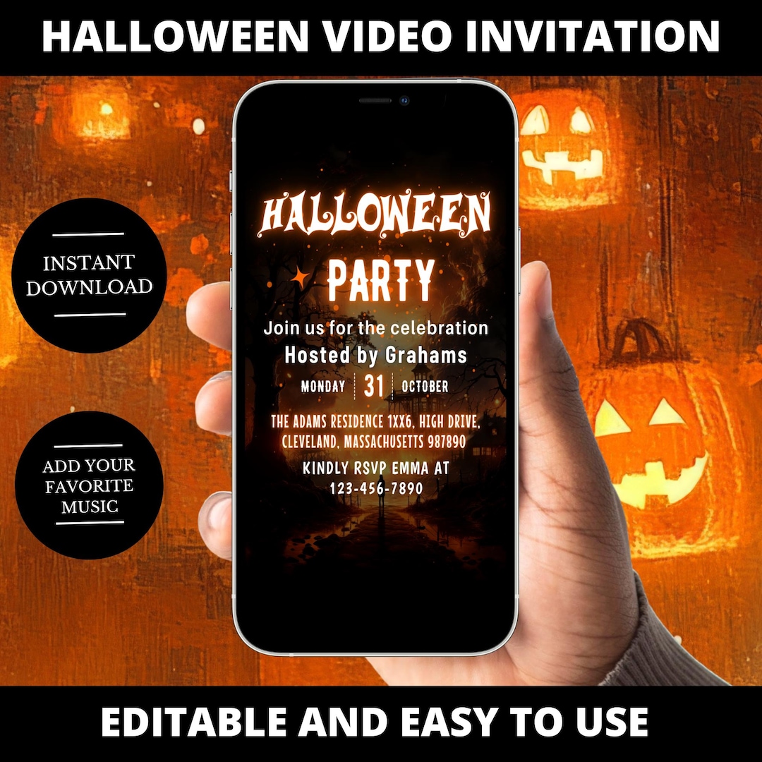 EDITABLE Digital Halloween Party Invitation, Animated Skull Pumpkin ...