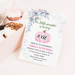 EDITABLE Our little Pumpkin Is Turning One Invitation, Pink Pumpkin First Birthday Invitation Girl Fall Birthday Party Template Instant DIY