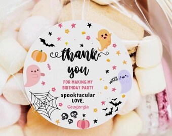 EDITABLE Halloween Birthday Thank You Favor Tags Costume Party Girl Pink Spooktacular Ghost Party Cute Ghost Download Printable Template DIY
